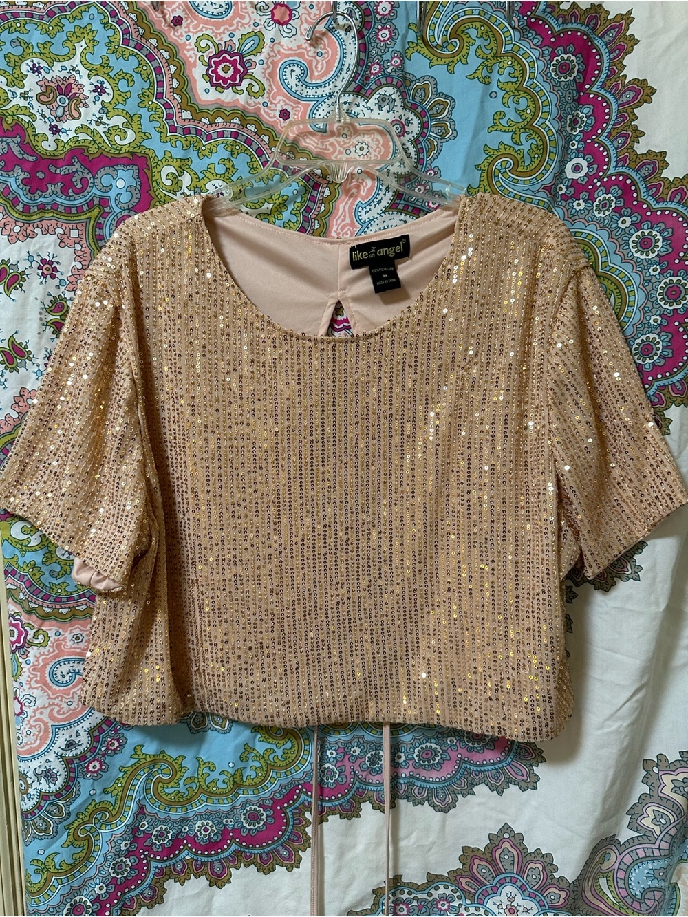 Like an Angel Gold Sequin Short Sleeve Crop Top